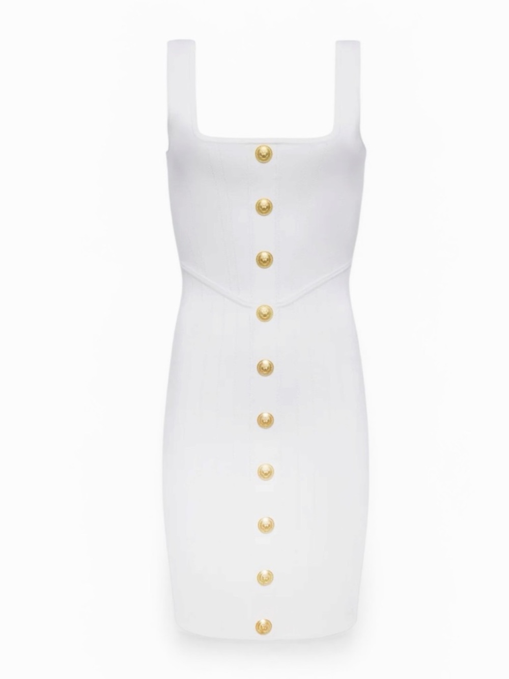 L'AGENCE White Ribbed Midi Dress with Gold Buttons - Picture 4 of 7